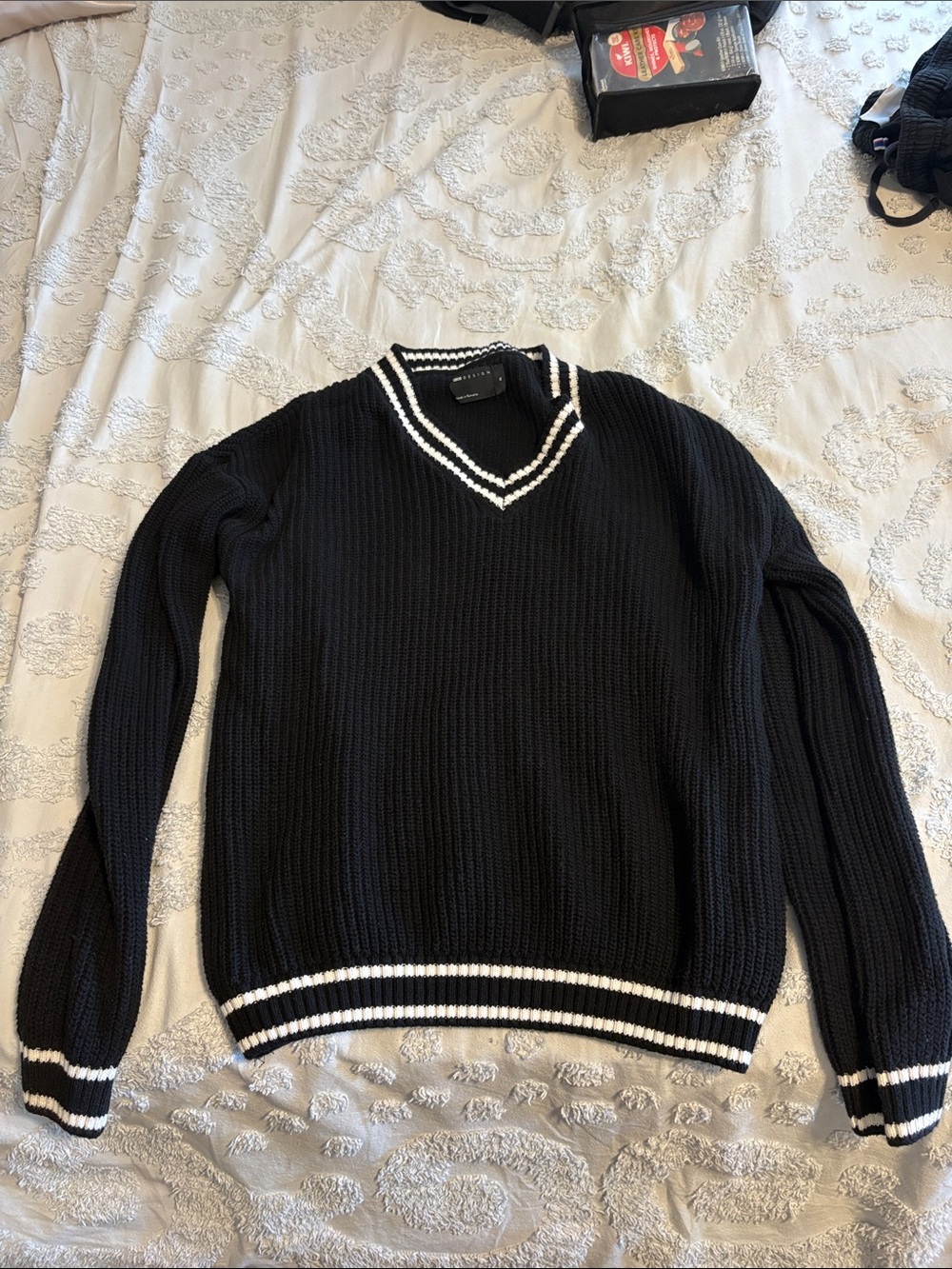 ASOS Black V-Neck Sweater with White Stripe Trim